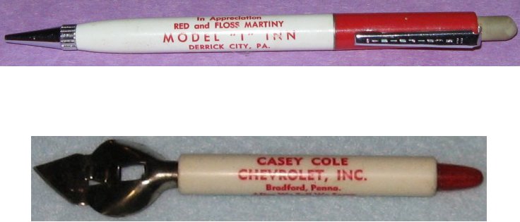 Model "T" Inn ad pen, Derrick City / Casey Cole Chevrolet can opener