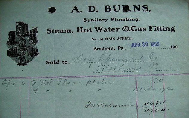 1909 A.D. Burns Plumbing - bill of sale