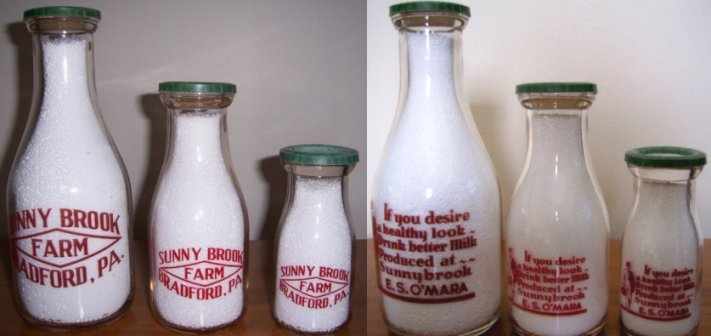 Sunny Brook Farms milk bottles - ES O'Mara - Bradford