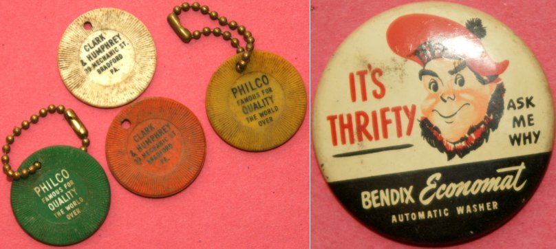 Advertising keychains & a Bendix button worn by salesmen during a special promotion