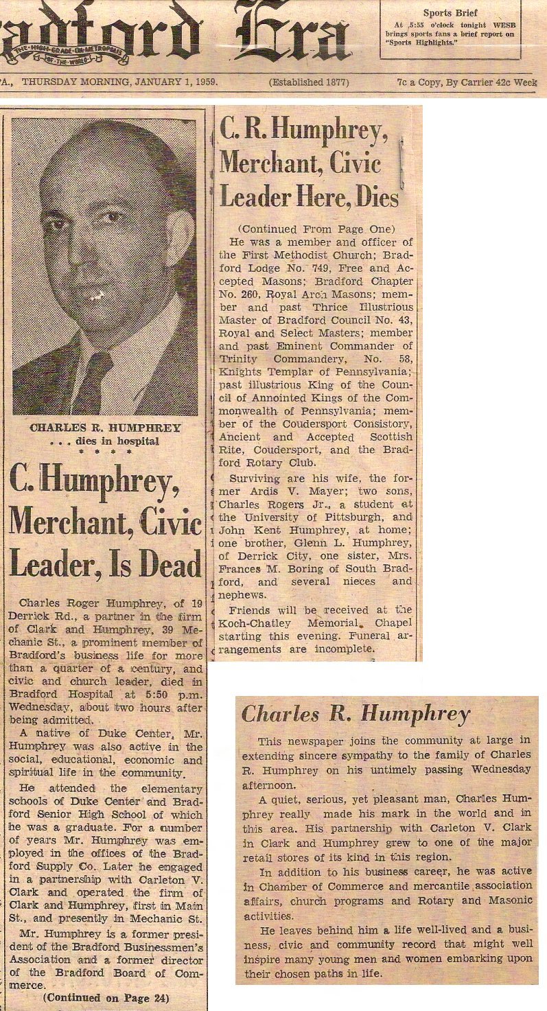 Bradford Era - January 1, 1959 - Charles Humphrey Obituary, Editorial