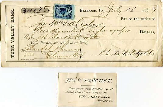 Tuna Valley Bank 1877 check & stub