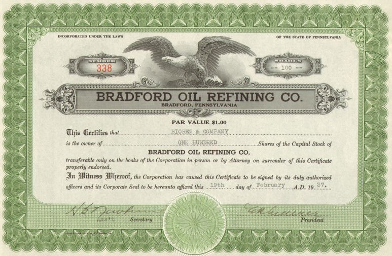 Bradford Oil Refining Co. 1937 Stock Certificate