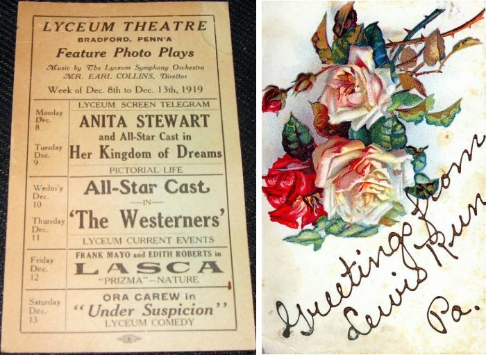 Lyceum Theatre schedule ad card 1919 / Greetings From Lewis Run postcard