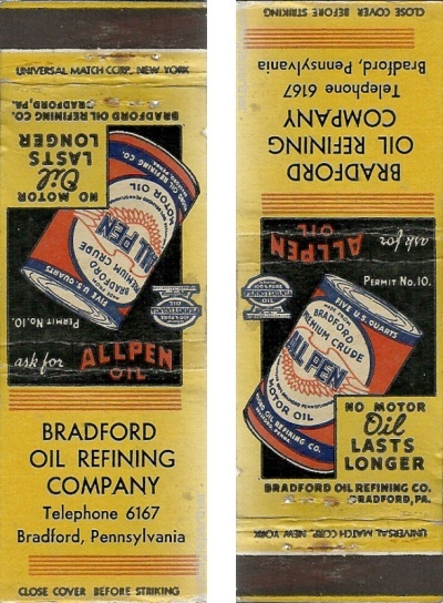 Bradford Oil Refining Co / ALLPEN OIL ad matchbook