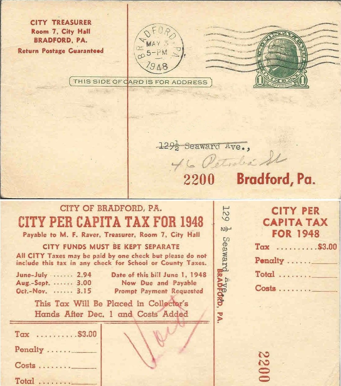 1948 City Per Capita Tax postcard