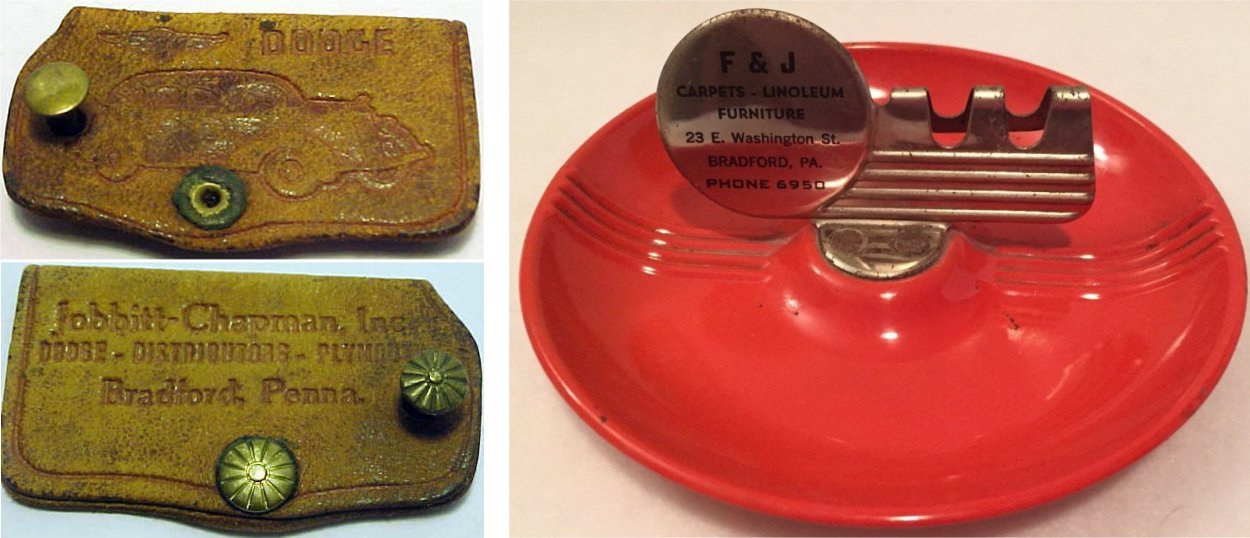 1935 Jobbitt-Chapman Dodge keyholder / F&J Furniture ashtray