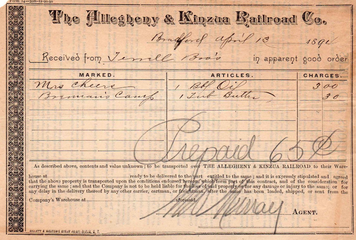 Allegheny & Kinzua Railroad 1894 receipt