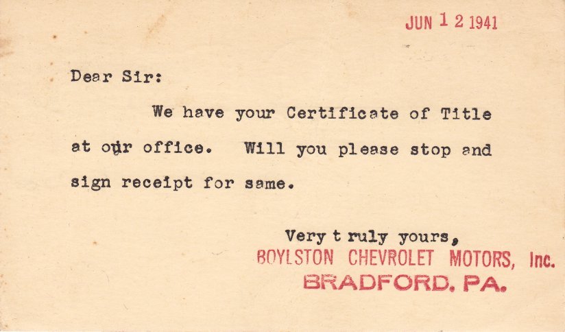 Boylston Chevrolet Car Dealer Postcard 1941 Bradford