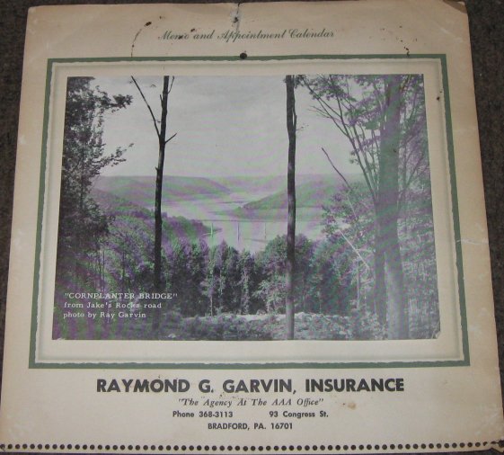 ad calendar showing cornplanter bridge from jake's rocks