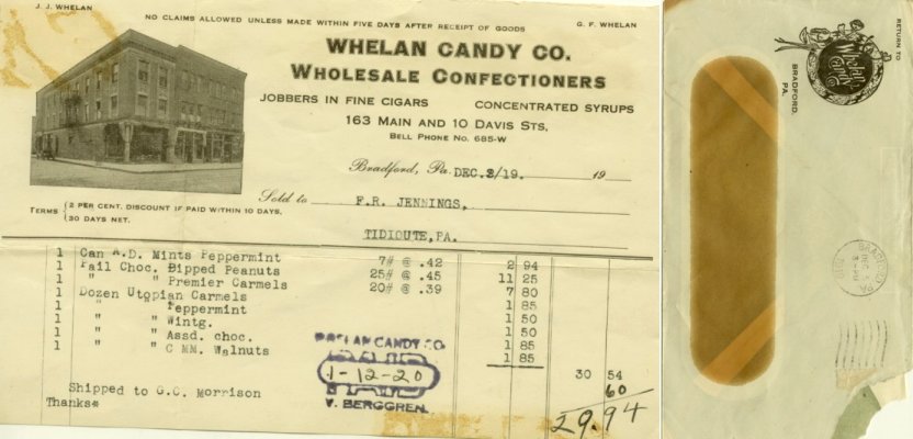 Whelan Candy Co. receipt 1920, Bradford