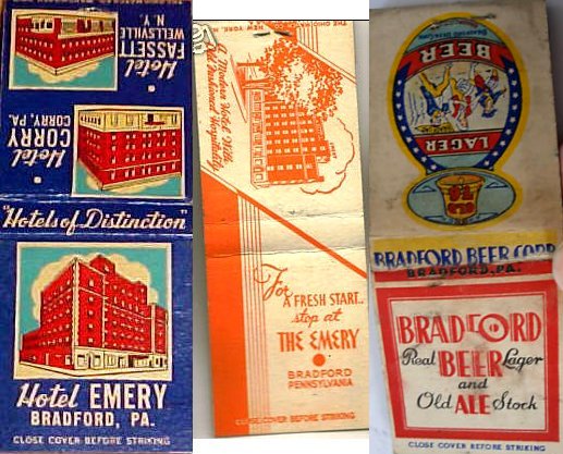 Emery Hotel, Bradford Beer Corp. matchbooks