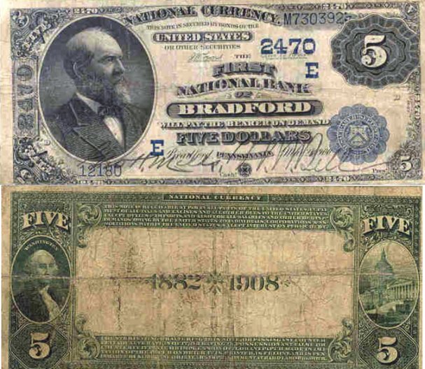 First National Bank of Bradford $5 Bill -donated by Mary Fairbanks