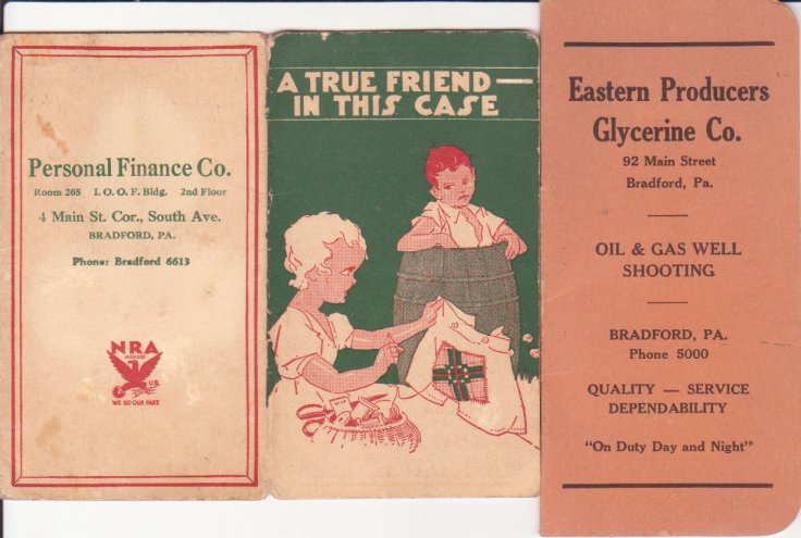 '33 advertising sewing kit, '45 glycerine co notepad