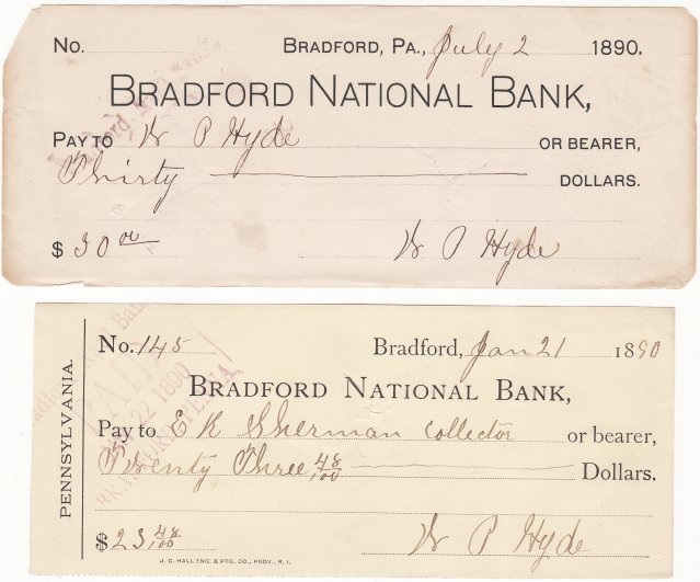 Bradford National Bank Checks 1890