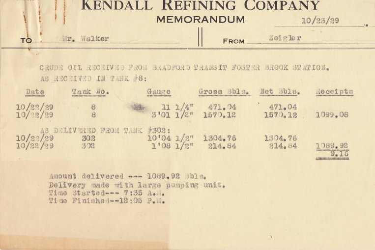 Kendall 1929 - Oil Received from Foster Brook Station