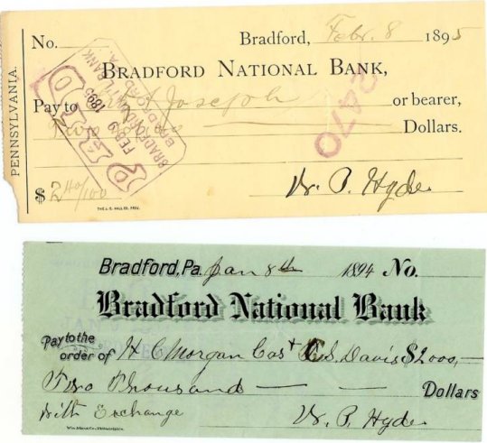 Bradford National Bank 1894/95 checks