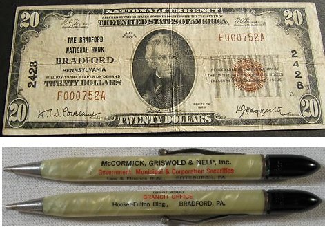 Bradford National Bank $20 bill / Ad pen, Hooker-Fulton Bldg