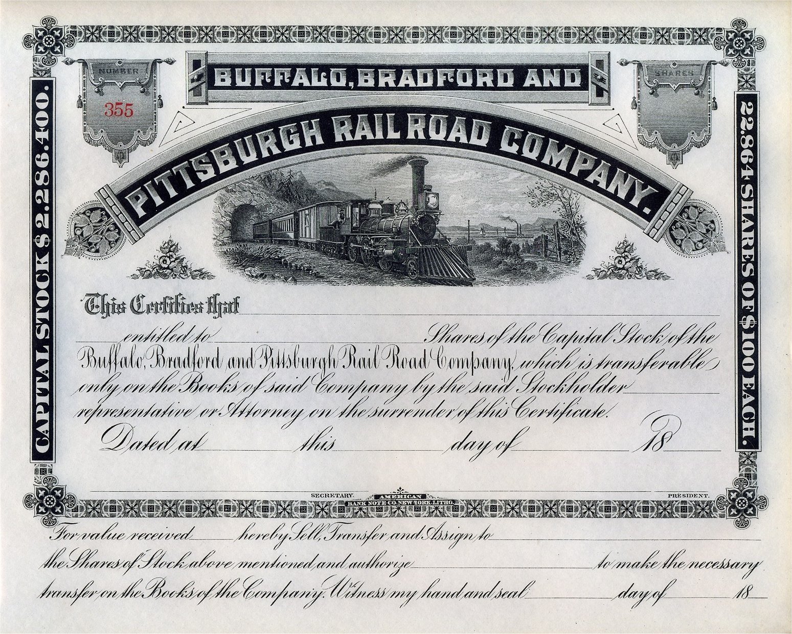 Buffalo, Bradford & Pittsburgh Railroad Co stock certificate