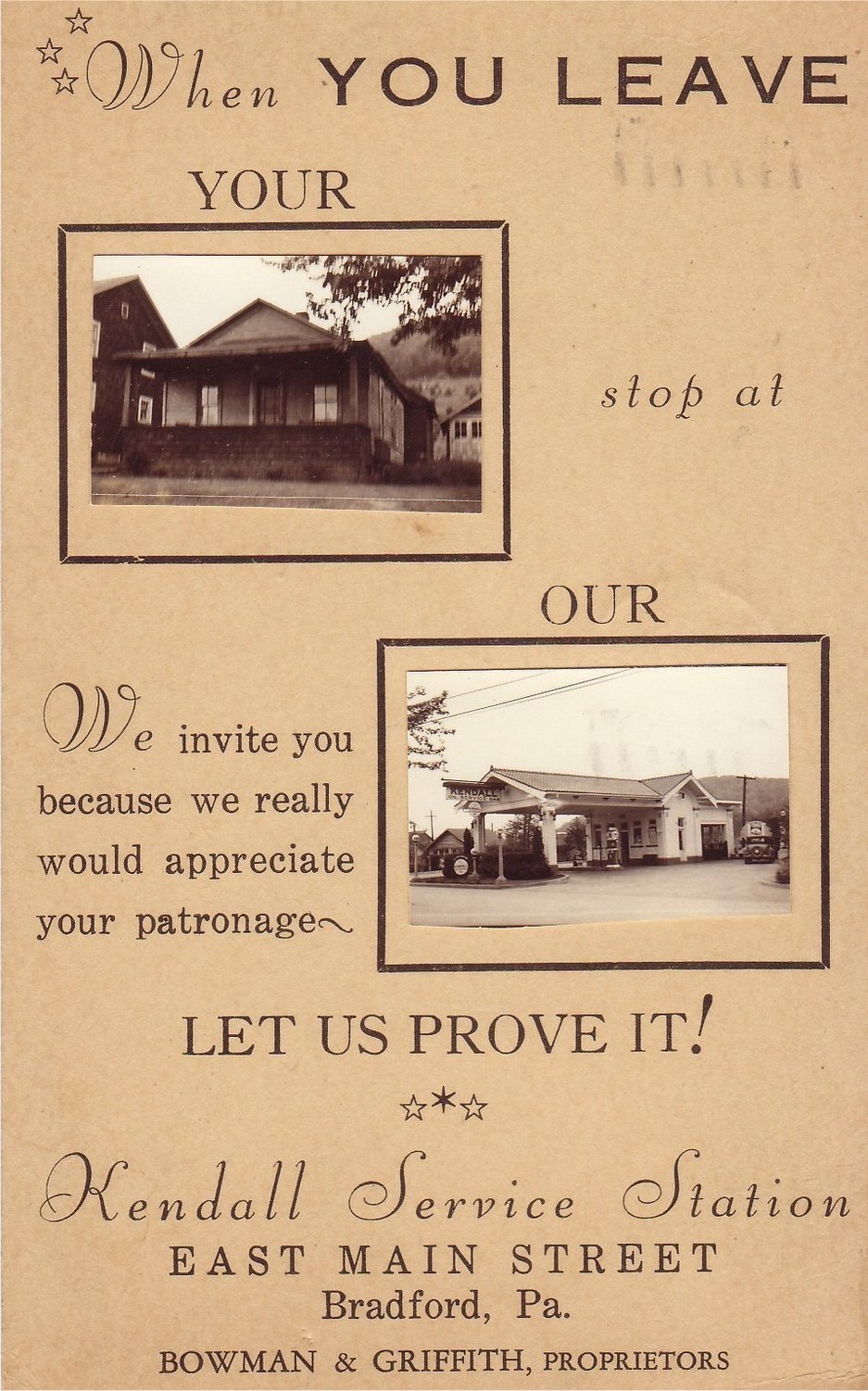 Kendall Service Station ad postcard - 1935