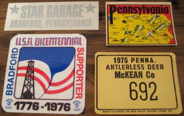 Star Garage, PA Map, Jaycees Bicentennial stickers, PA Deer License -don/Ron Wight Jr