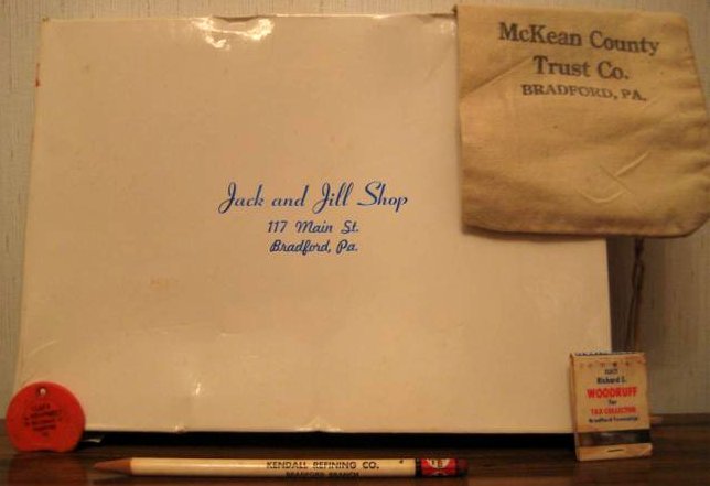 Jack & Jill Shop Box, Bank Bag, Kendall Pencil, Woodruff for Office Matchbook, Clark & Humphreys keychain -don/R. Wight Jr