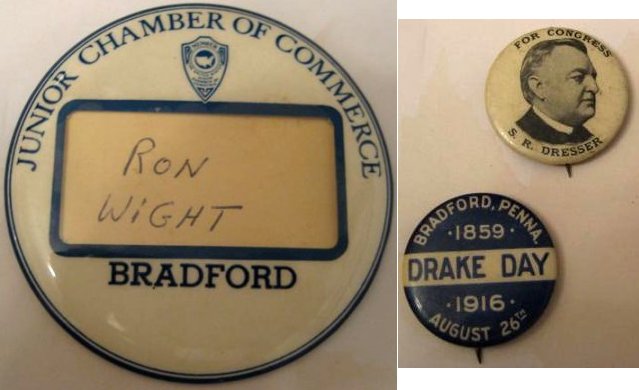 Jaycee Button, Dresser for Congress pin, 1916 Drake Day pin -donated by Ron Wight Jr