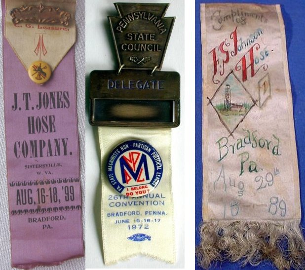 1899 JT Jones Hose Co Pin / 1972 State Coincil Convention Pin / 1889 FS Johnson Hose Co #1 Ribbon