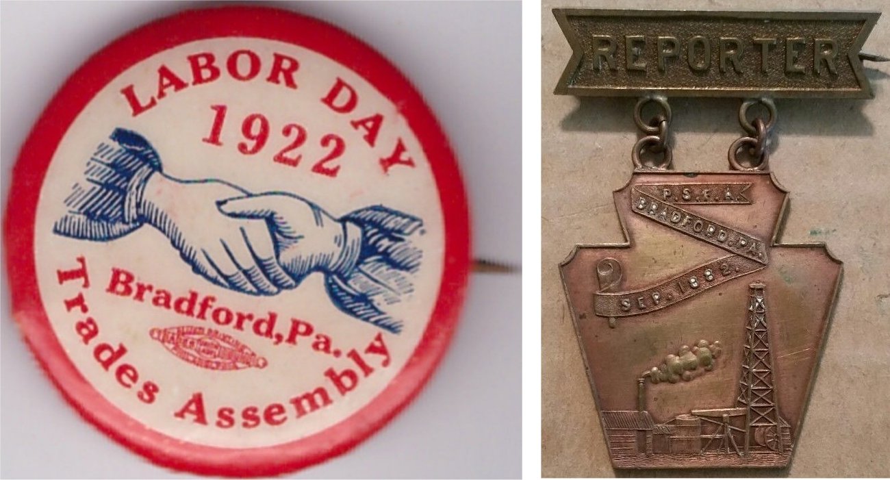 1922 Labor Day Trades Assembly / 1882 PA Firemen's Convention Reporter pin