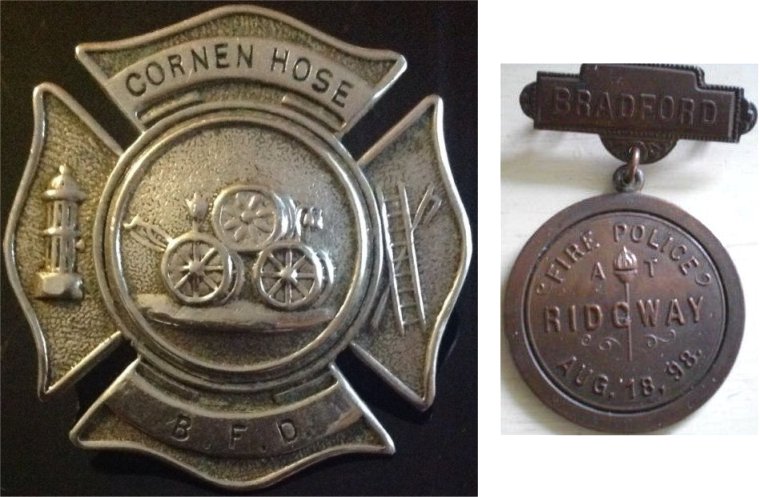 Cornen Hose Co badge / Bradford Fire Police pin 1898