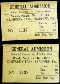 1934 Tickets to Freeman vs Wine Boxing Match in Bradford