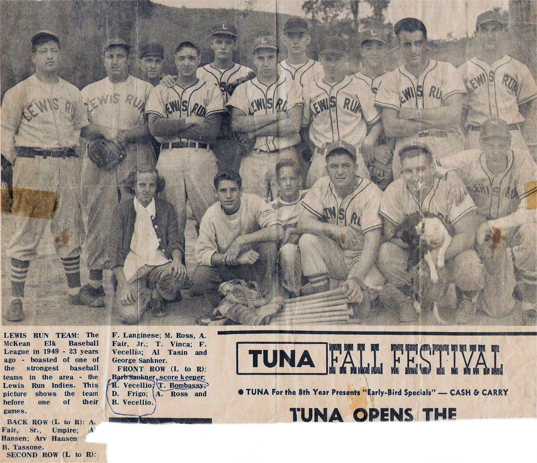 Lewis Run Indies Baseball Team 1949 - donated by Anthony Ross