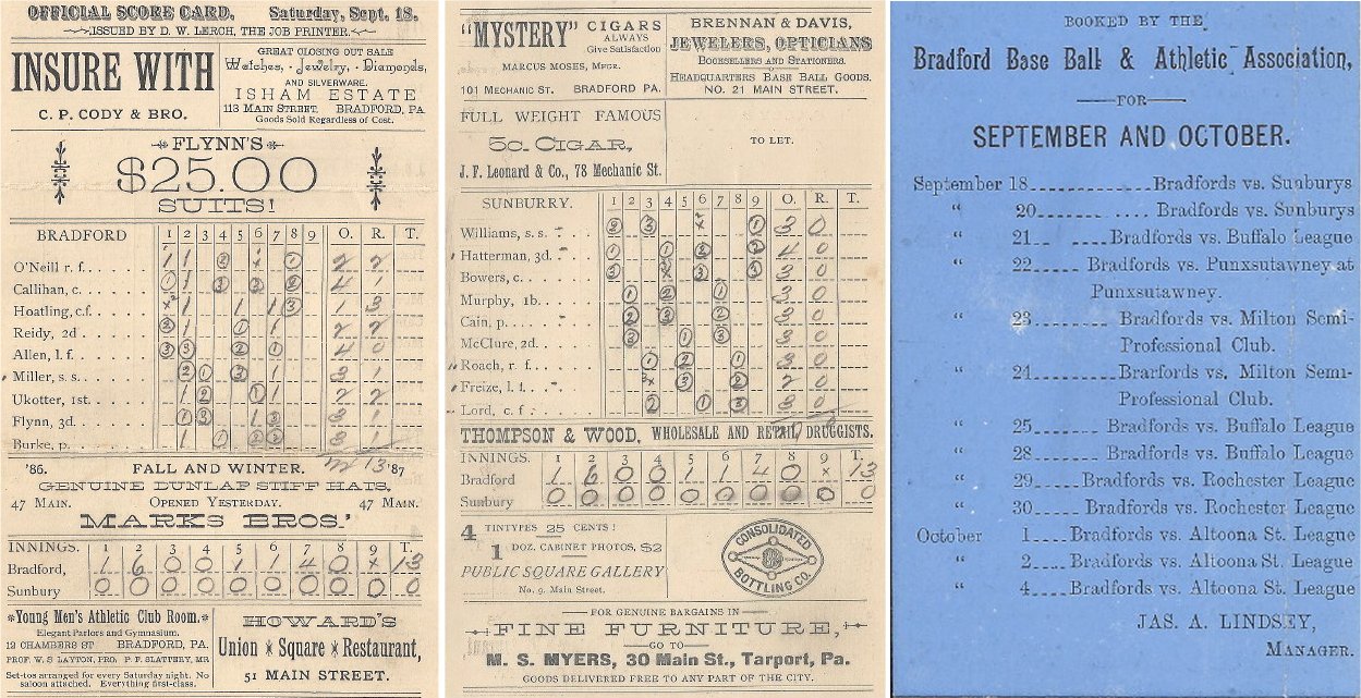 Bradford Baseball 1886 Score Card & Schedule